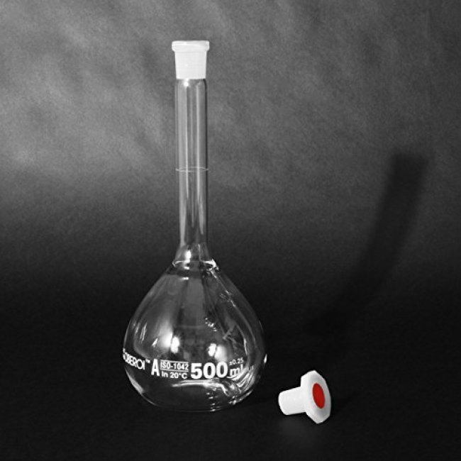 Volumetric Flask, 500 mL, One Mark, Polyethylene Stopper, Class A, Lot Certified